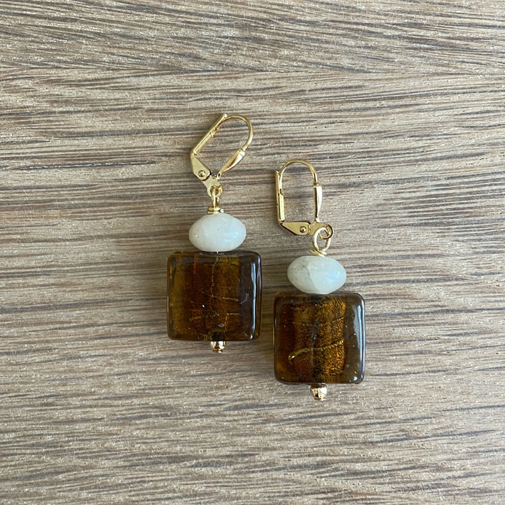 HAND CRAFTED EARRINGS Brown Dichroic Glass White Calcite